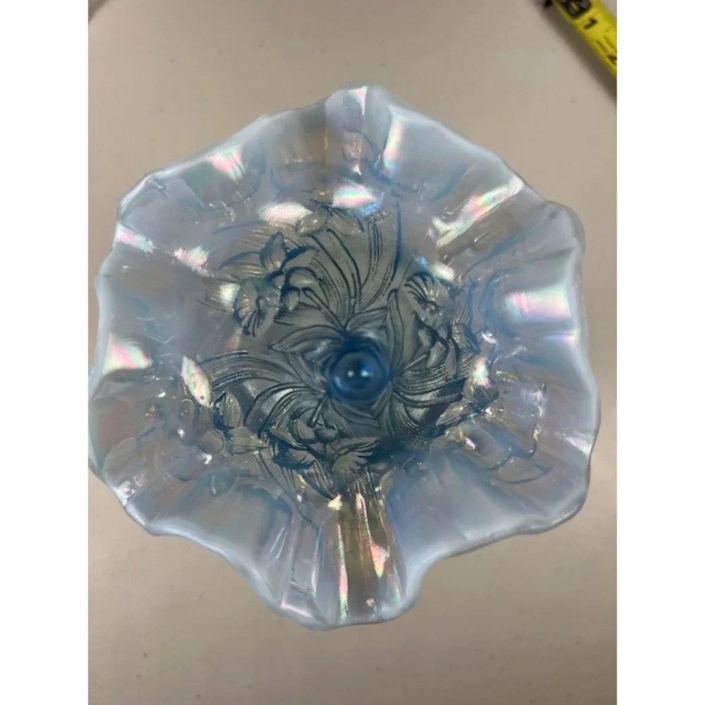 Fenton Ice Blue Iridescent Vase Daffodils Ruffled Edge 7-8